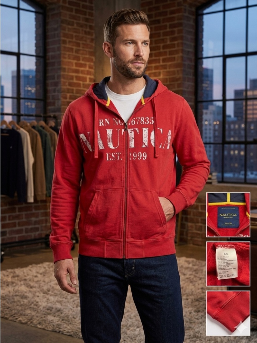 Nautica Red Graphic Full Zip-Up Hoodie Y2K